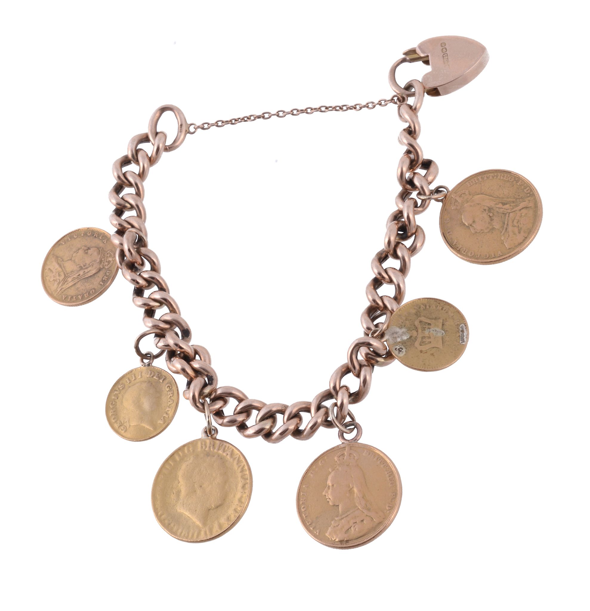 A coin bracelet, the curb link bracelet with a 9 carat gold heart shaped...  A coin bracelet,