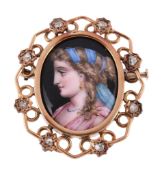An enamel and diamond brooch, the oval panel enamelled with a profile of a lady  An enamel and