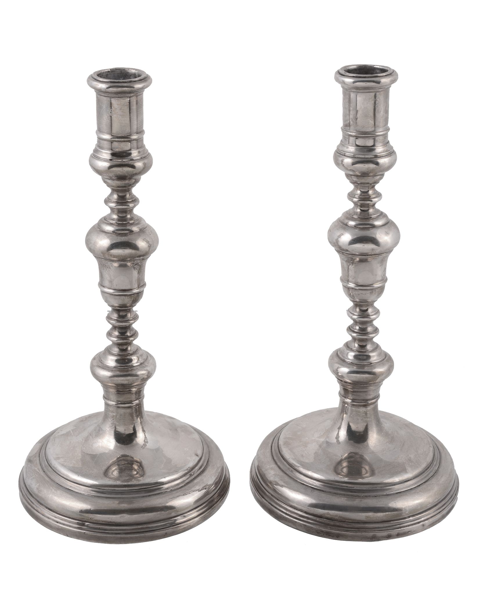 A pair of silver knopped baluster candlesticks by Richard Comyns  A pair of silver knopped
