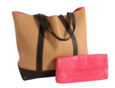 Loewe, a beige and brown handbag, the beige bag with brown straps  Loewe, a beige and brown handbag,