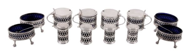 A matched silver cruet set in the Georgian style, mainly by Roberts & Belk Ltd  A matched silver