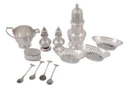 A collection of silver items, to include: a baluster caster by Asprey  A collection of silver items,