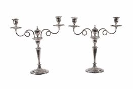 A pair of old Sheffield plated twin branch candelabra, neo-classical style  A pair of old
