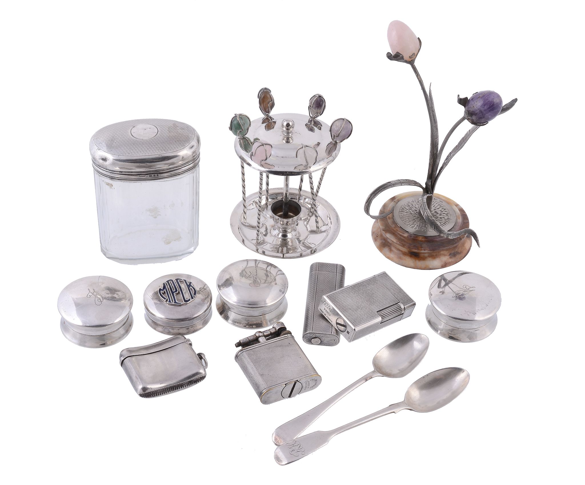 Three silver plated lighters, silver and silver coloured and mounted items  Three silver plated
