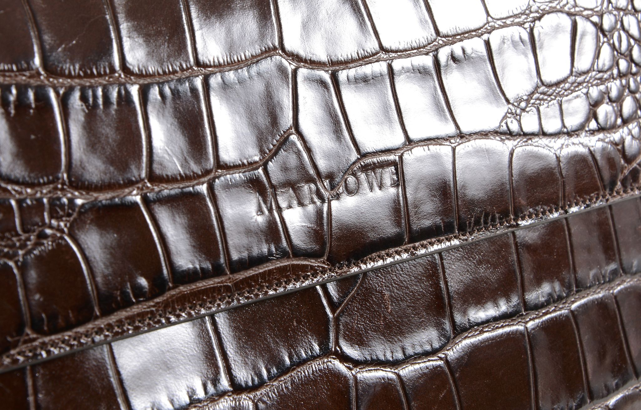 Marlowe, a dark brown crocodile embossed patent leather clutch  Marlowe, a dark brown crocodile - Image 5 of 5