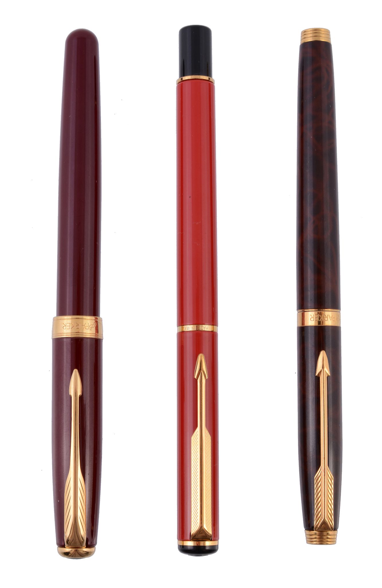 Parker, a red fountain pen, with gold colour trimming  Parker, a red fountain pen,   with gold