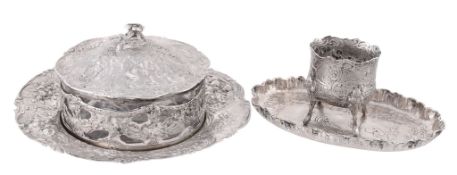 A German silver mounted butter dish by Friedrich Reusswig, post 1886  A German silver mounted butter