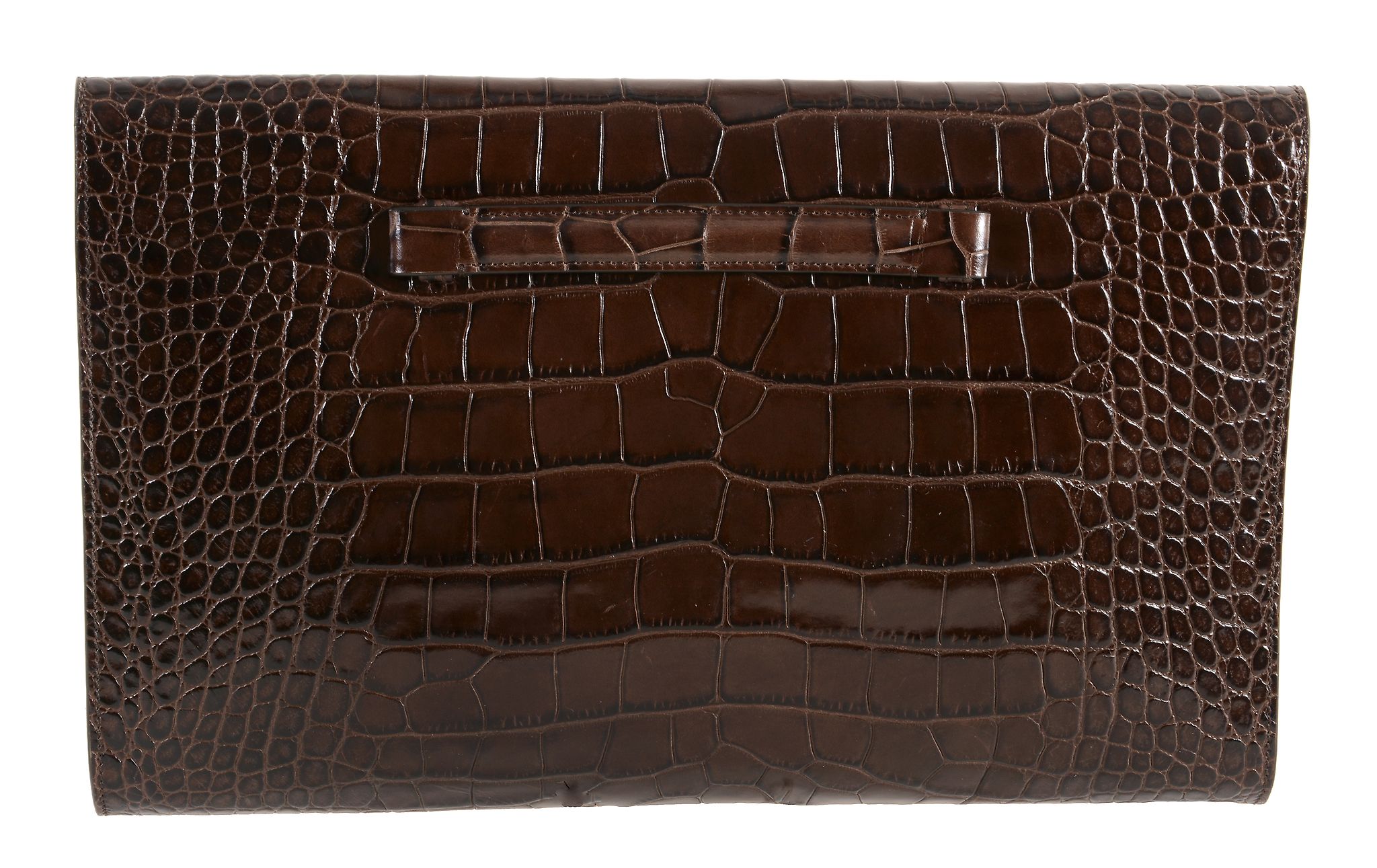 Marlowe, a dark brown crocodile embossed patent leather clutch  Marlowe, a dark brown crocodile - Image 4 of 5