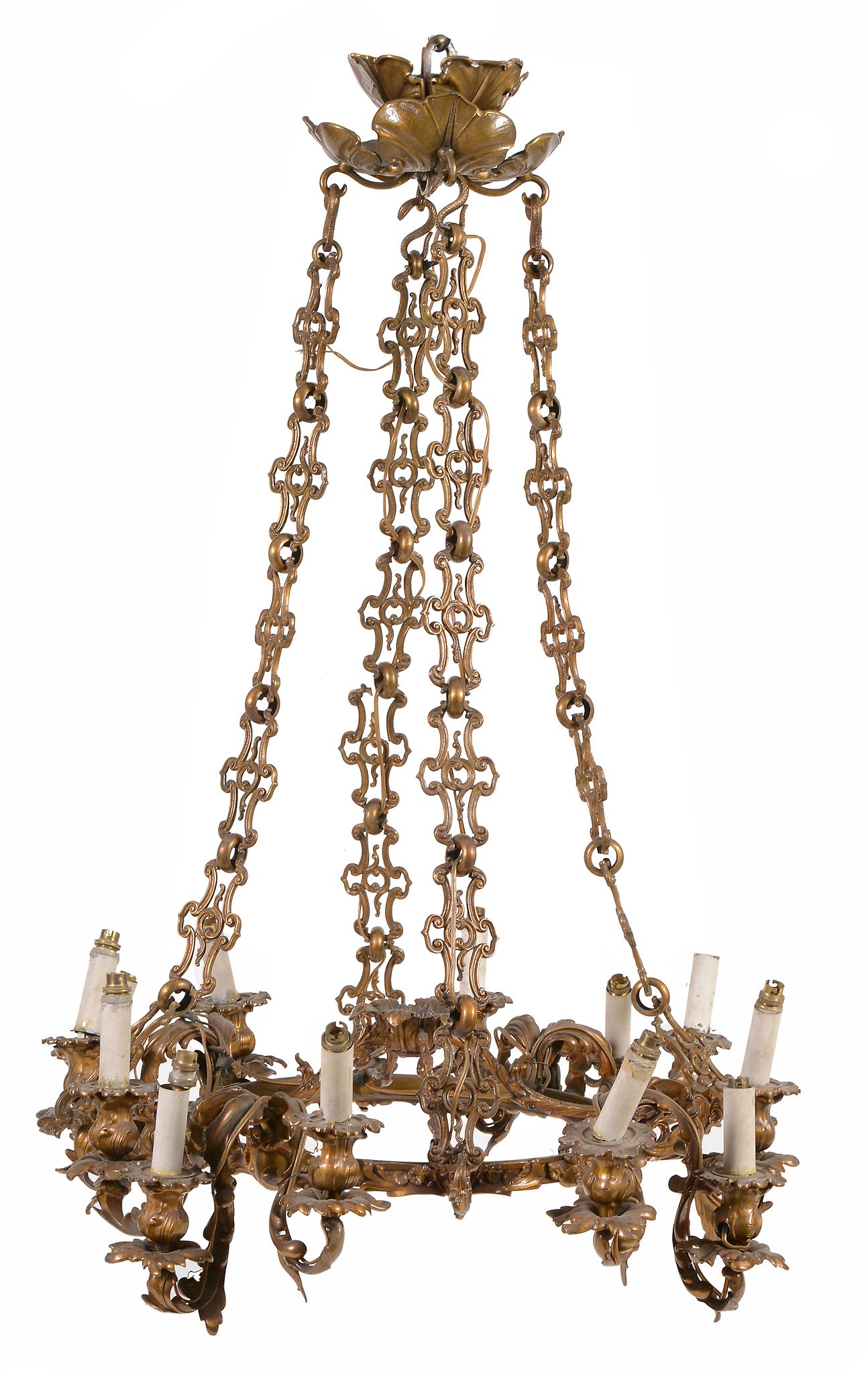 A Continental gilt metal twelve light chandelier, late 19th century  A Continental gilt metal twelve