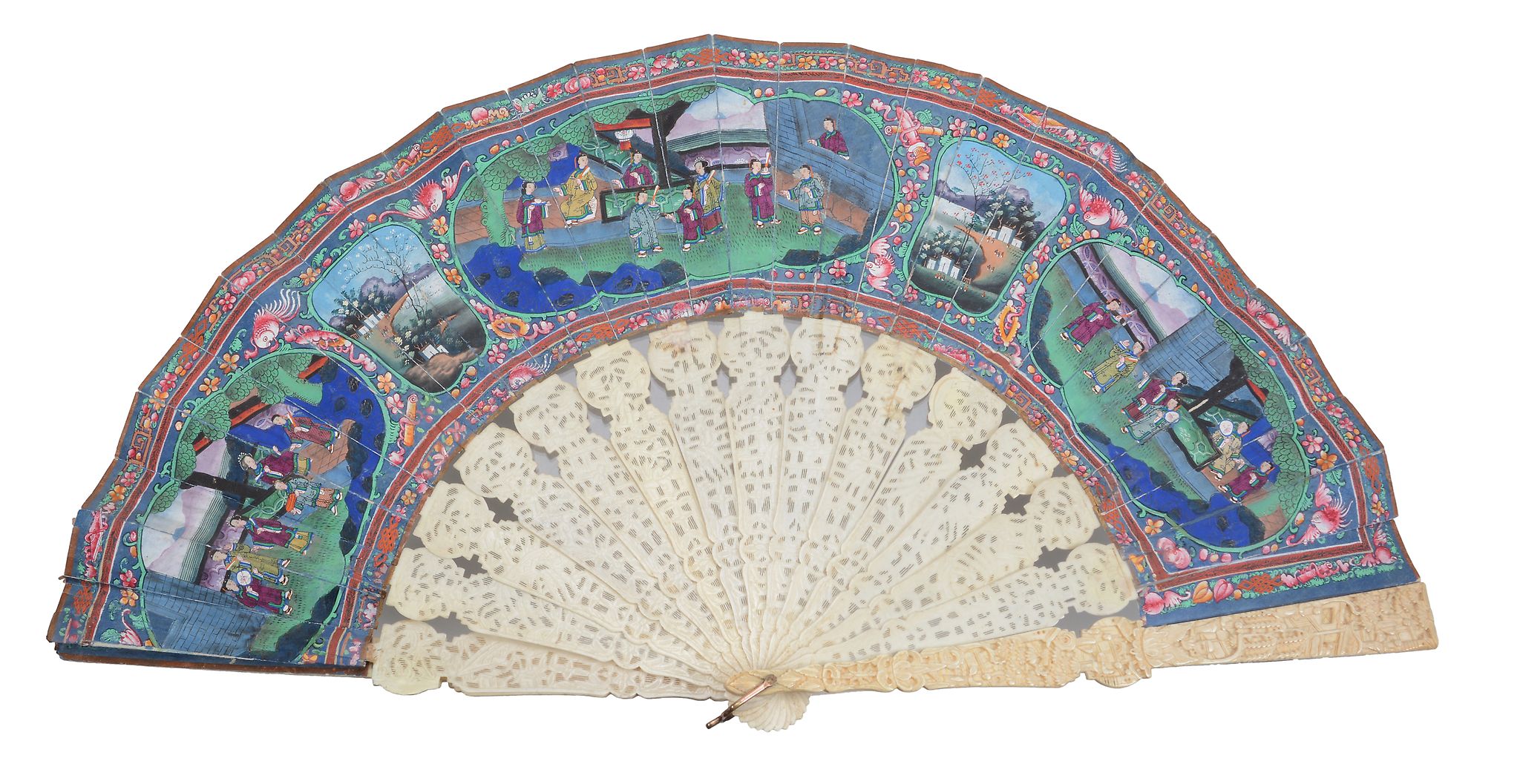 A Chinese Export fan, 19th century, the paper blade decorated in gouache...  A Chinese Export fan, - Image 3 of 3