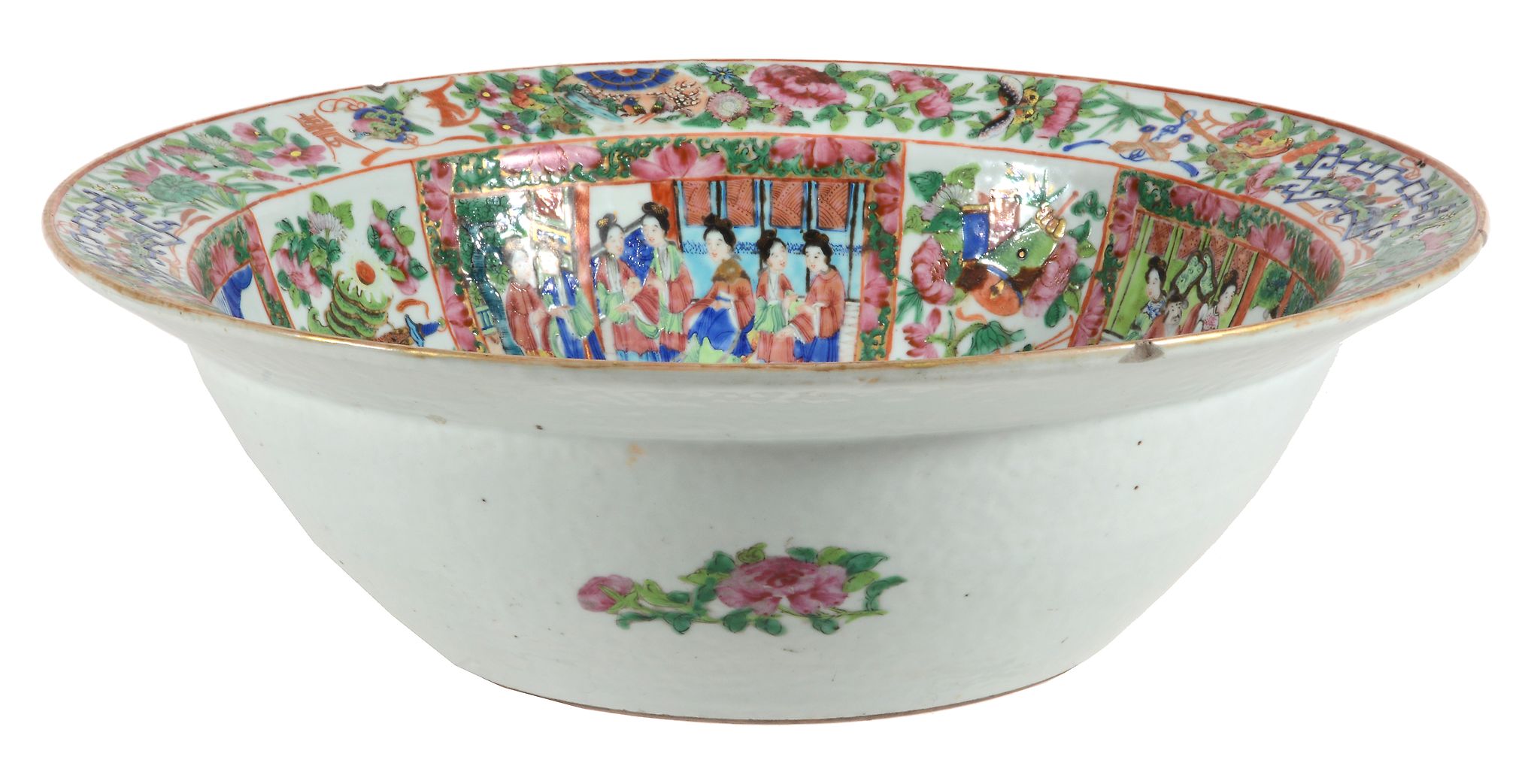 A large Cantonese basin, circa 1860, typically painted with panels of figures  A large Cantonese
