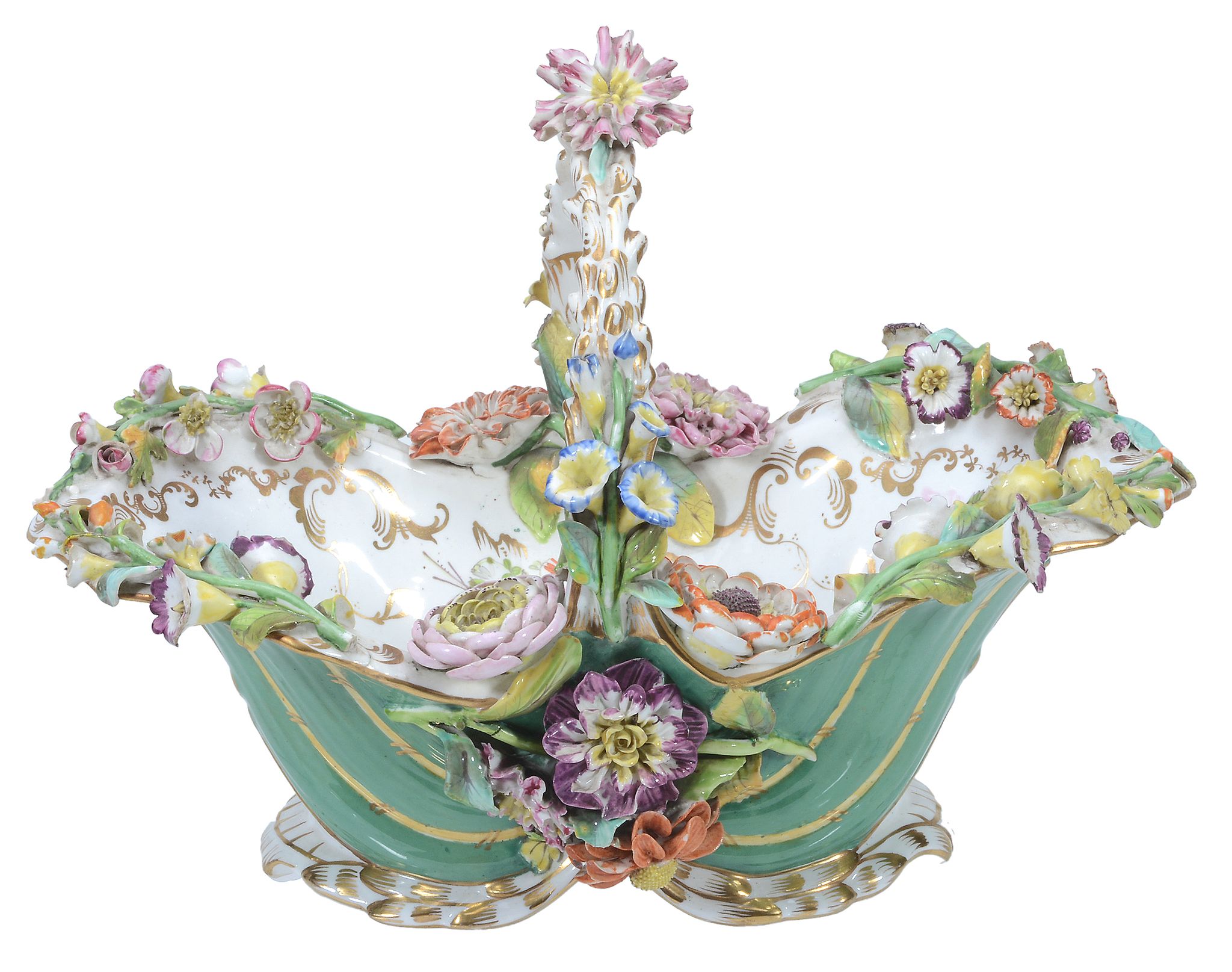 A Coalport green-ground flower-encrusted basket, circa 1830, 31cm in length  A Coalport green-ground - Image 2 of 3