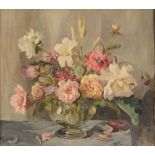 Lady Freda Blois (1880-1963) - Still life with flowers in a glass vase Oil on canvas board Signed