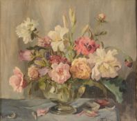 Lady Freda Blois (1880-1963) - Still life with flowers in a glass vase Oil on canvas board Signed