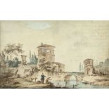 Jérôme Preudhomme (18th Century) - Classical river landscape with a fisherman, bridge and tower