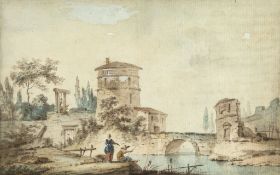 Jérôme Preudhomme (18th Century) - Classical river landscape with a fisherman, bridge and tower