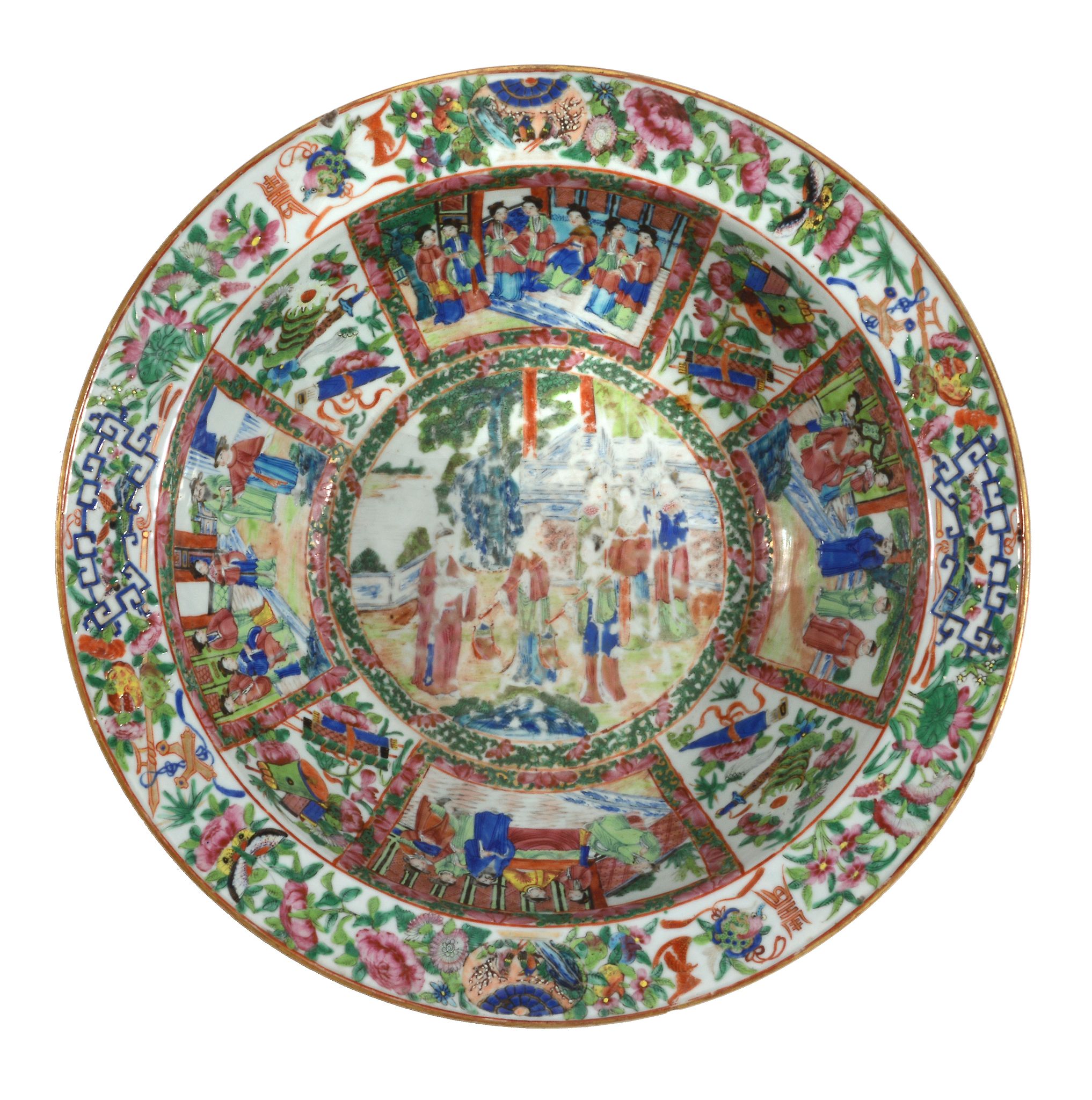 A large Cantonese basin, circa 1860, typically painted with panels of figures  A large Cantonese - Image 2 of 2