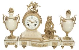 A French gilt brass mounted white marble figural mantel clock garniture  A French gilt brass mounted