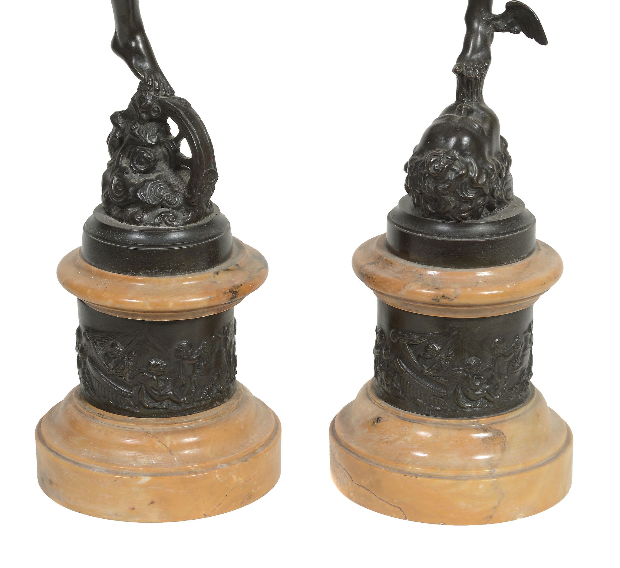 A pair of Continental patinated bronze and marble mounted models of Mercury...  A pair of - Image 2 of 2