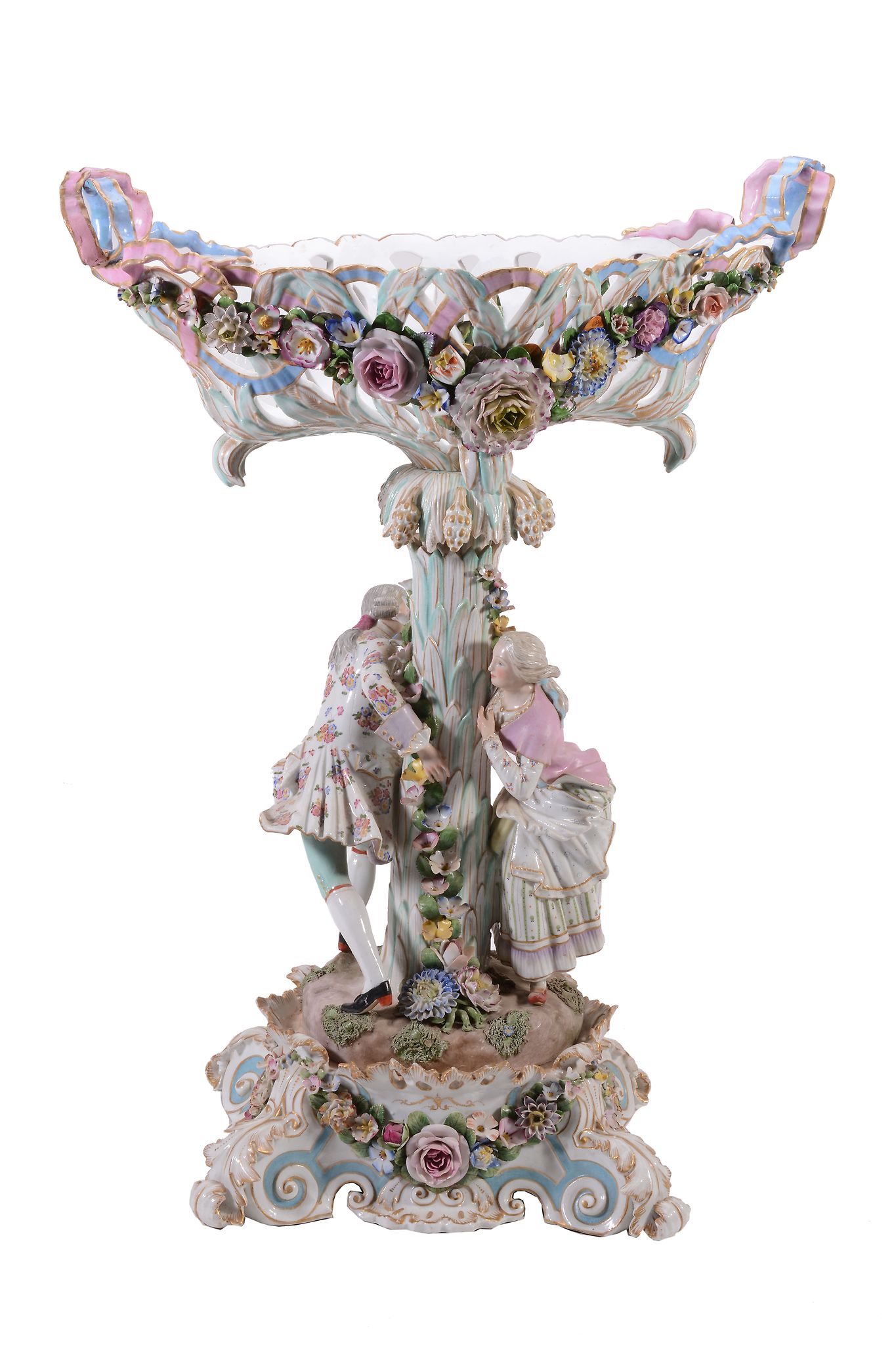 A large Dresden flower-encrusted figural centre-piece, late 19th century  A large Dresden flower- - Image 2 of 4