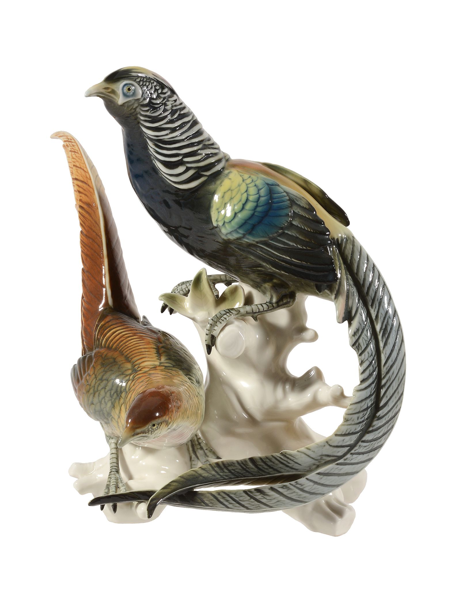 A German porcelain group of a cock and hen golden pheasant , mid 20th century  A German porcelain (
