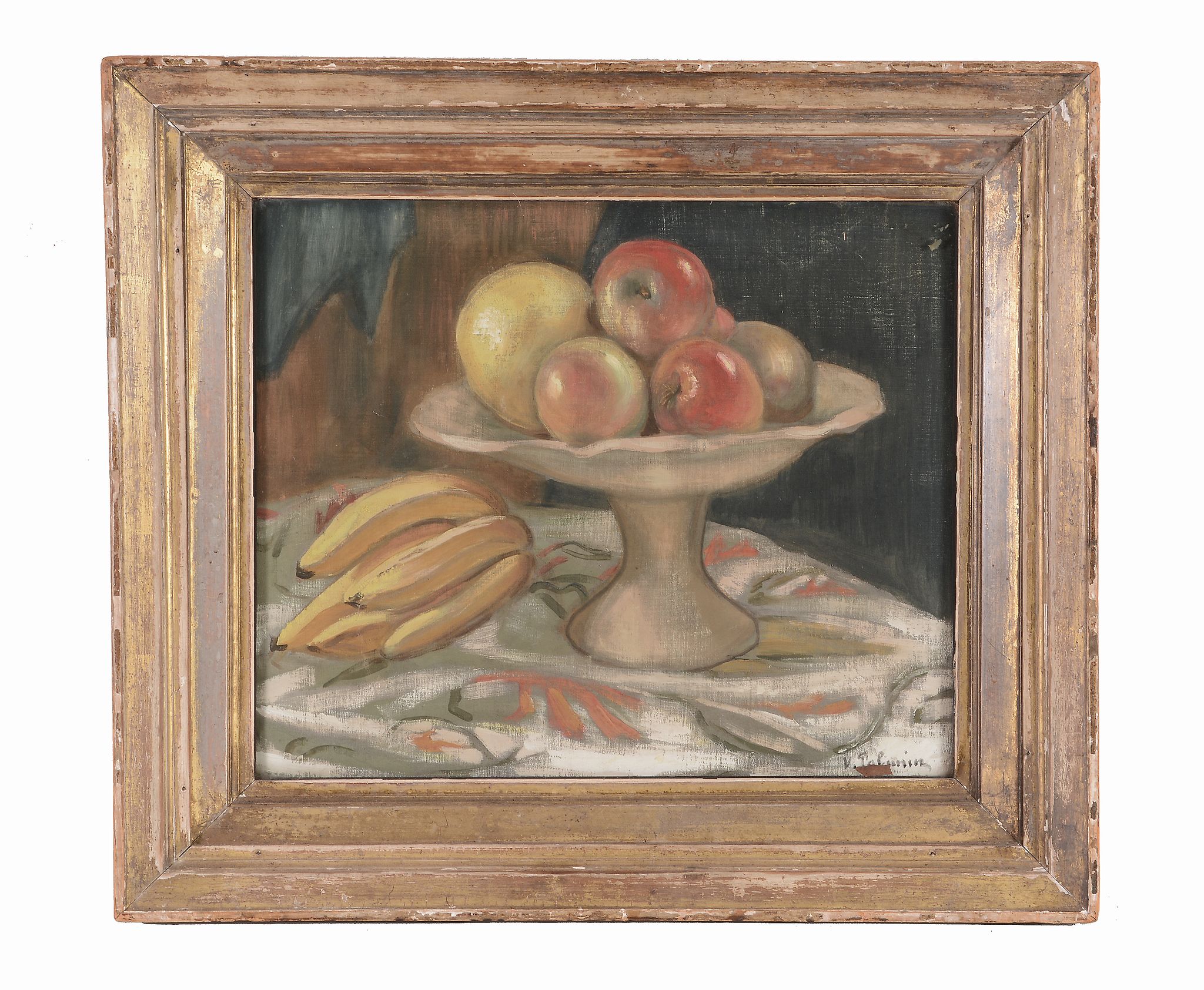 Vladimir Polunin (b.1880-?) - Still life with apples and a grapefruit in a bowl, with bananas on a - Image 2 of 2
