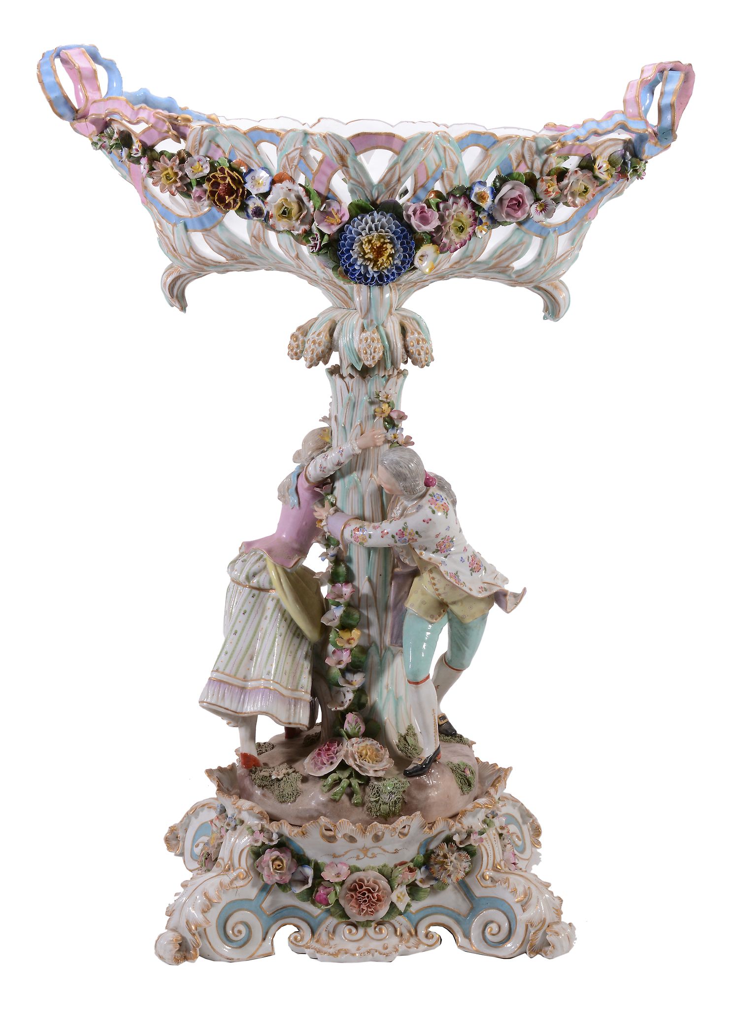 A large Dresden flower-encrusted figural centre-piece, late 19th century  A large Dresden flower-