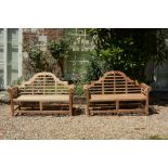 A pair of teak garden seats in the manner of Lutyens, of recent manufacture  A pair of teak garden