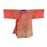 An embroidered red silk satin Han Chinese woman's jacket, mangao  An embroidered red silk satin