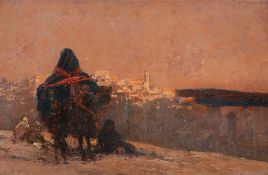 Continental School (late 19th Century) - Sunset over an Arabian city Oil on canvas board
