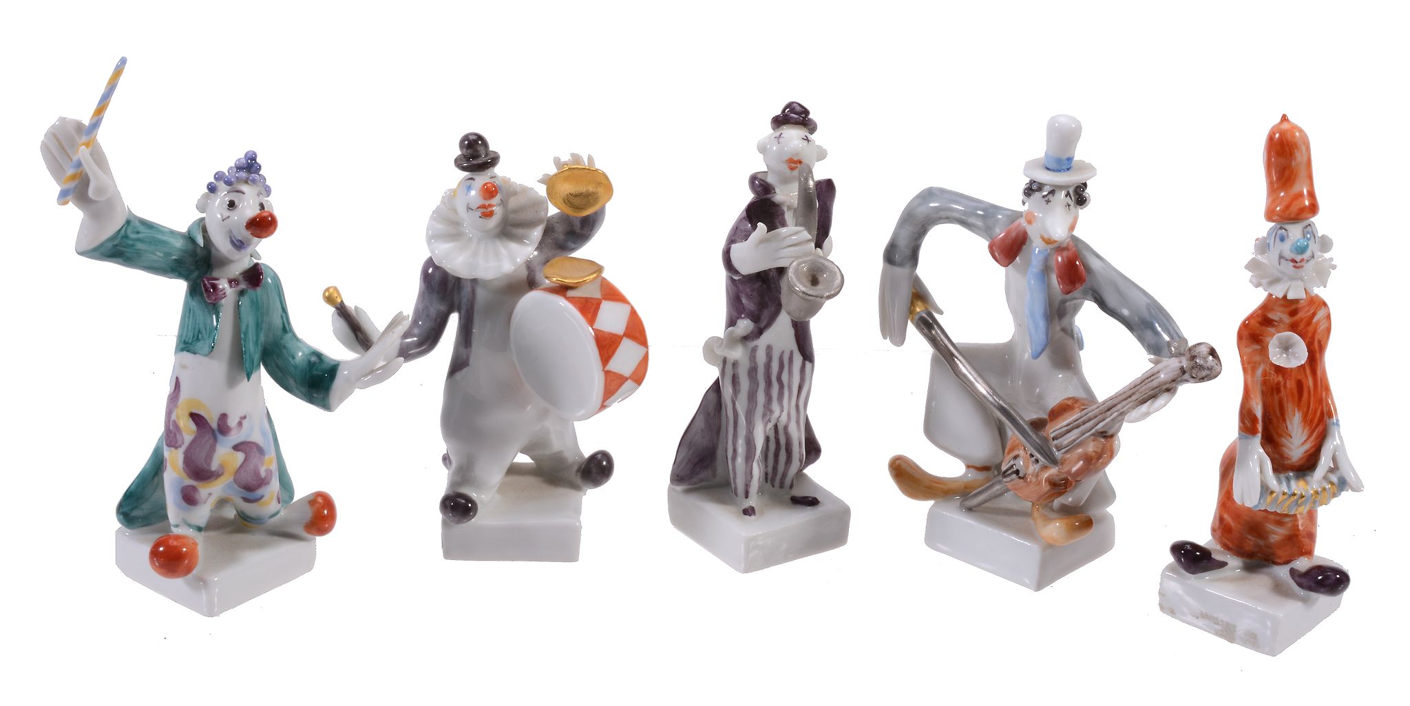 A Meissen five piece clown orchestra modelled by Peter Strang  A Meissen five piece clown