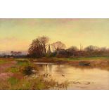 Henry Charles Fox (1860-1925) - River landscape with ducks, parish church beyond Oil on canvas