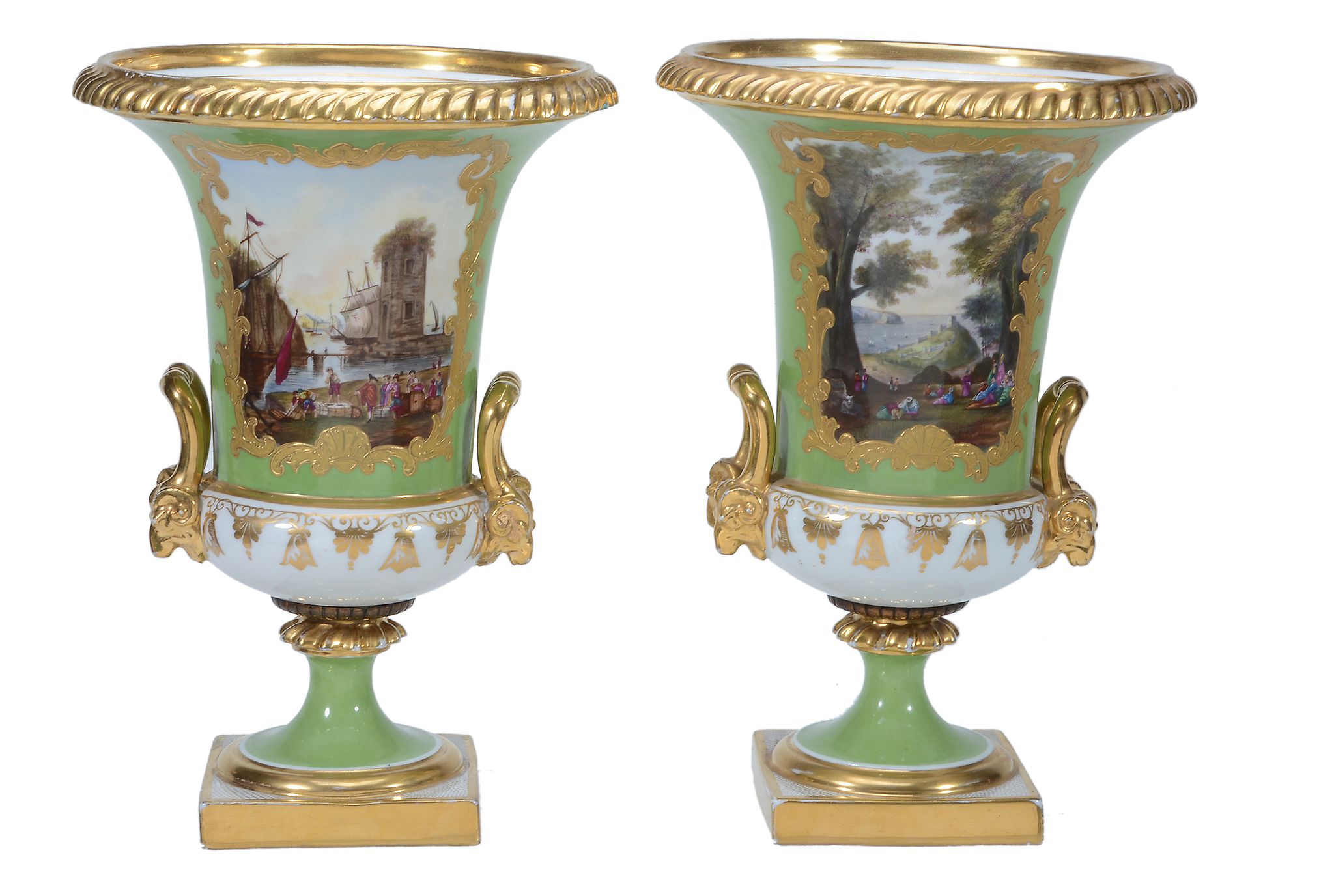 A pair of Samson porcelain green-ground campana urns in the Derby style  A pair of Samson