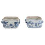 A pair of Chinese blue and white square double-handled bowls  A pair of Chinese blue and white