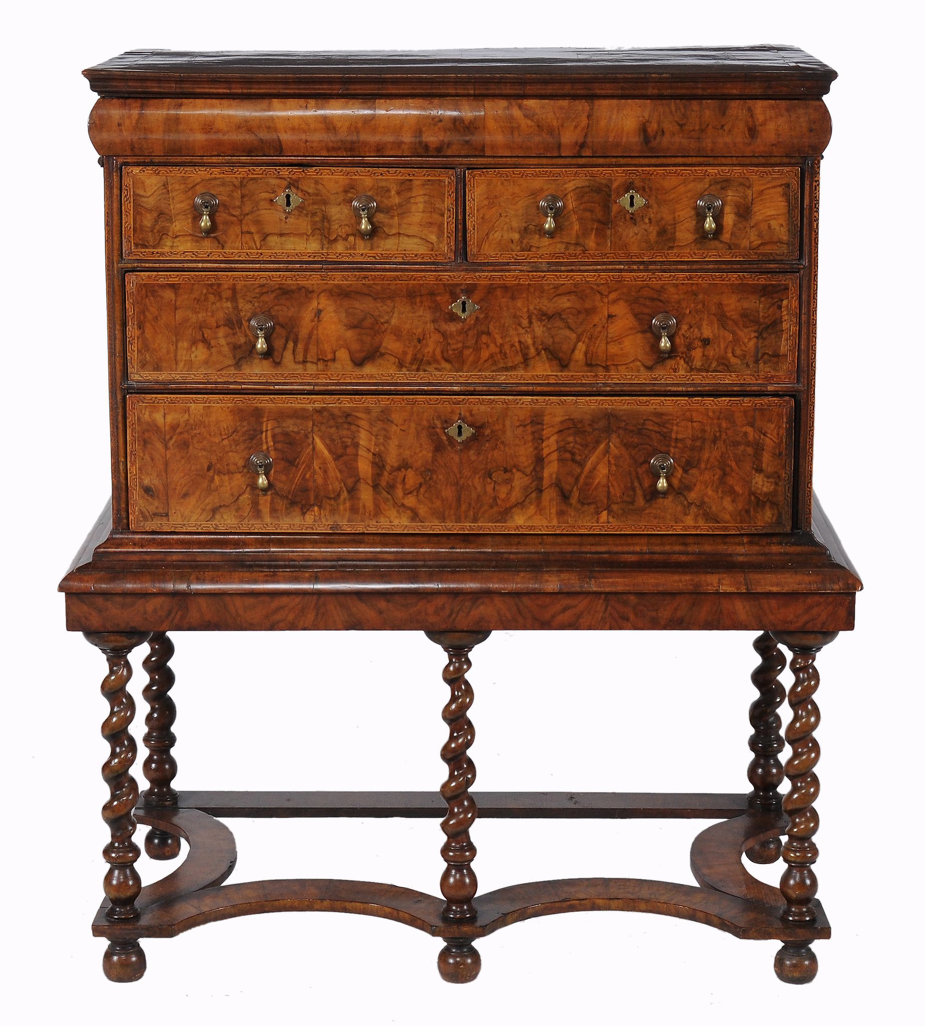 A walnut and chevron banded chest on stand, circa 1710 and later  A walnut and chevron banded