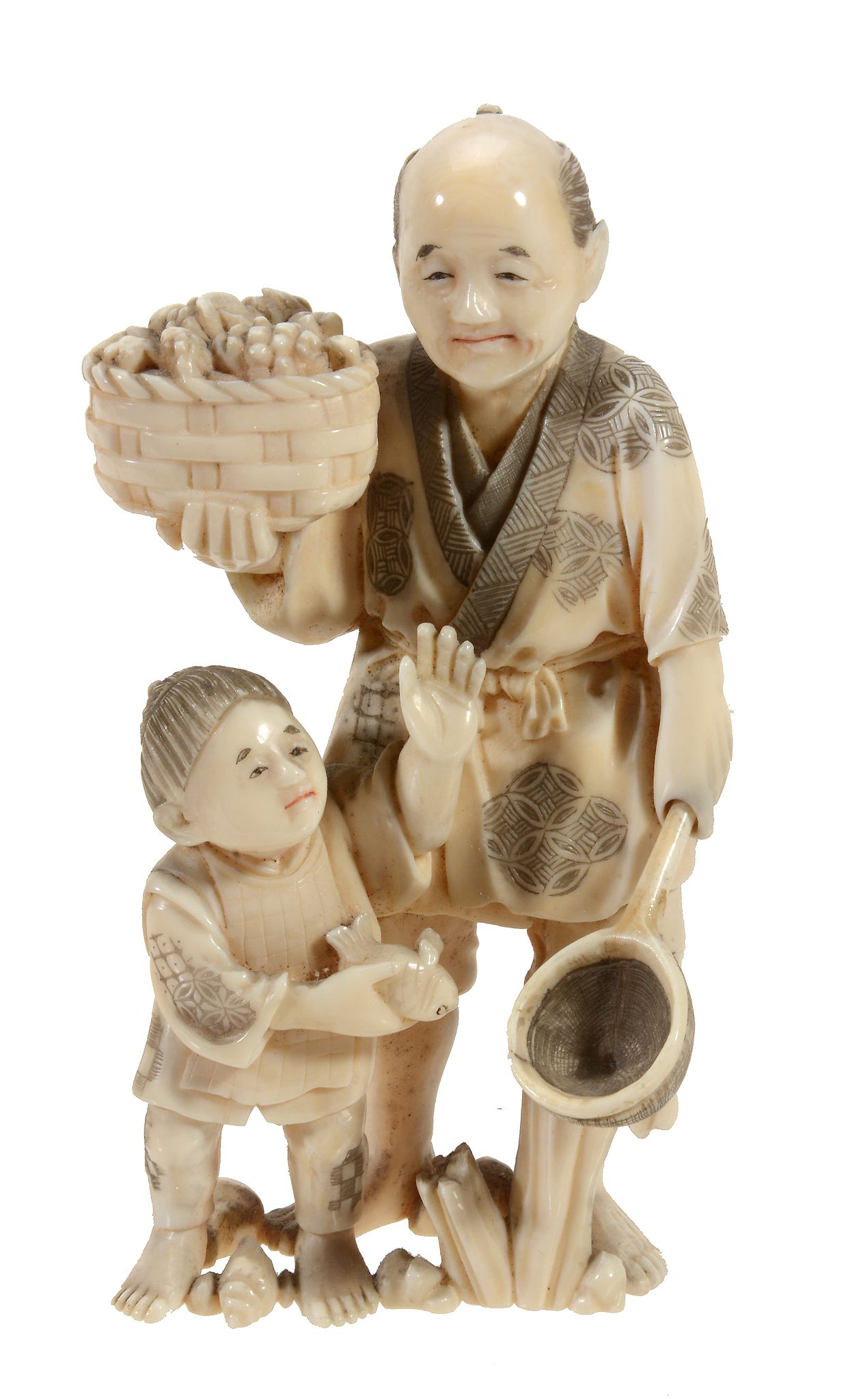 A Japanese Ivory Okimono Group of a fisherman and his son  A Japanese Ivory Okimono Group   of a