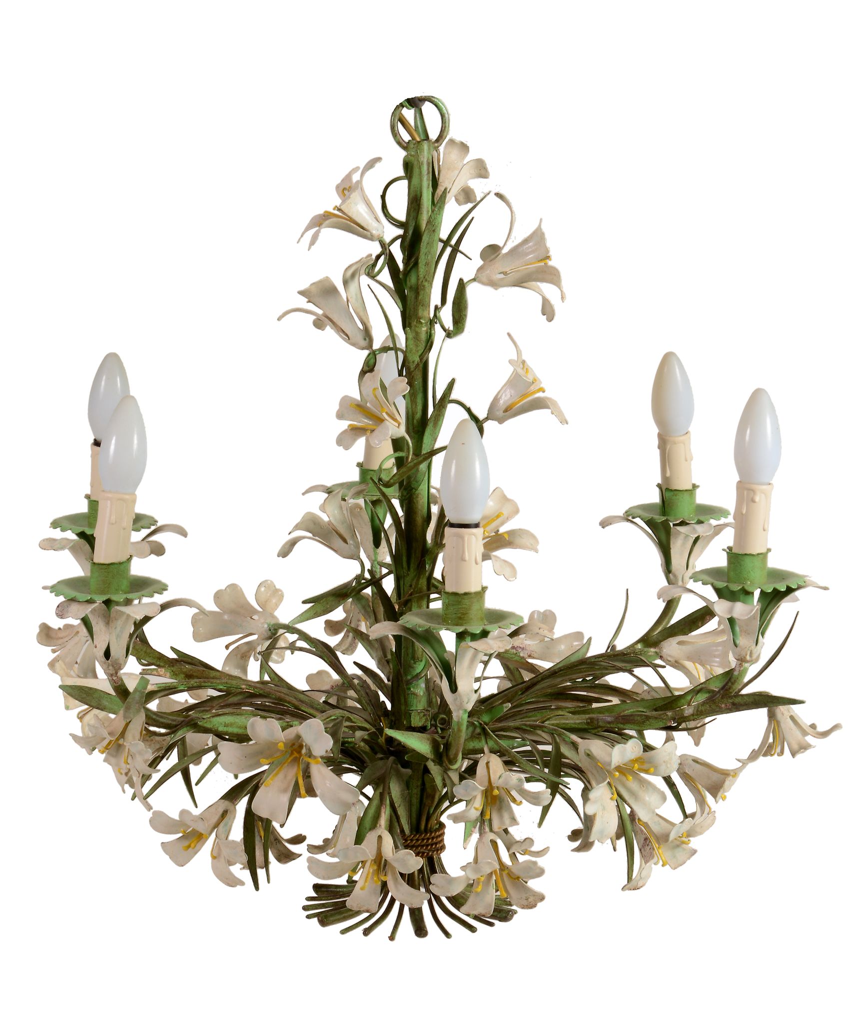 An Italian painted metal six light chandelier, second half 20th century  An Italian painted metal