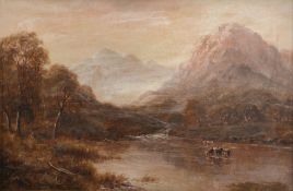 Follower of Alfred de Breanski Sr (1852-1928) - Mountainous landscape with cattle drinking in a