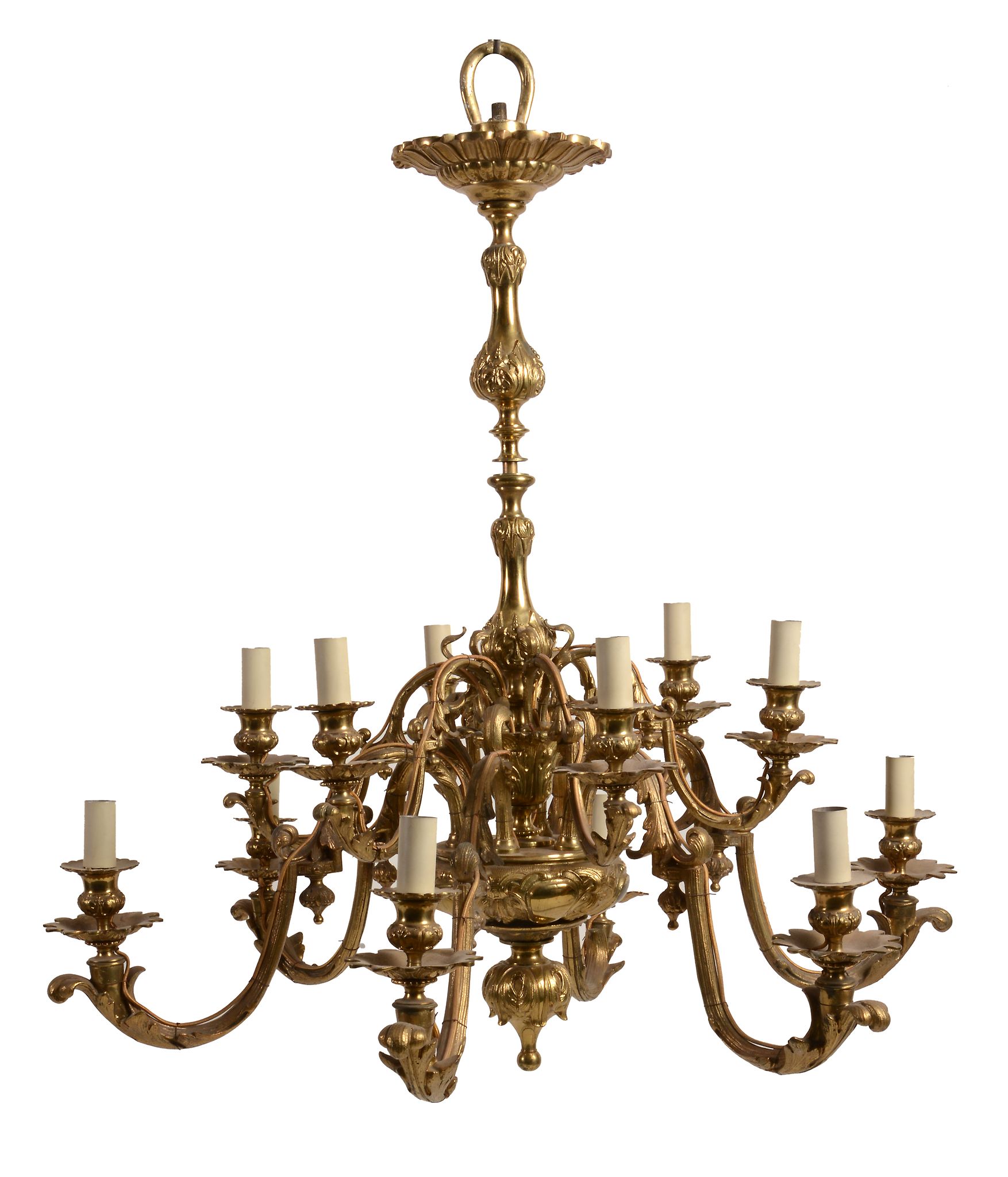 A Continental gilt metal twelve light chandelier, late 19th century  A Continental gilt metal twelve