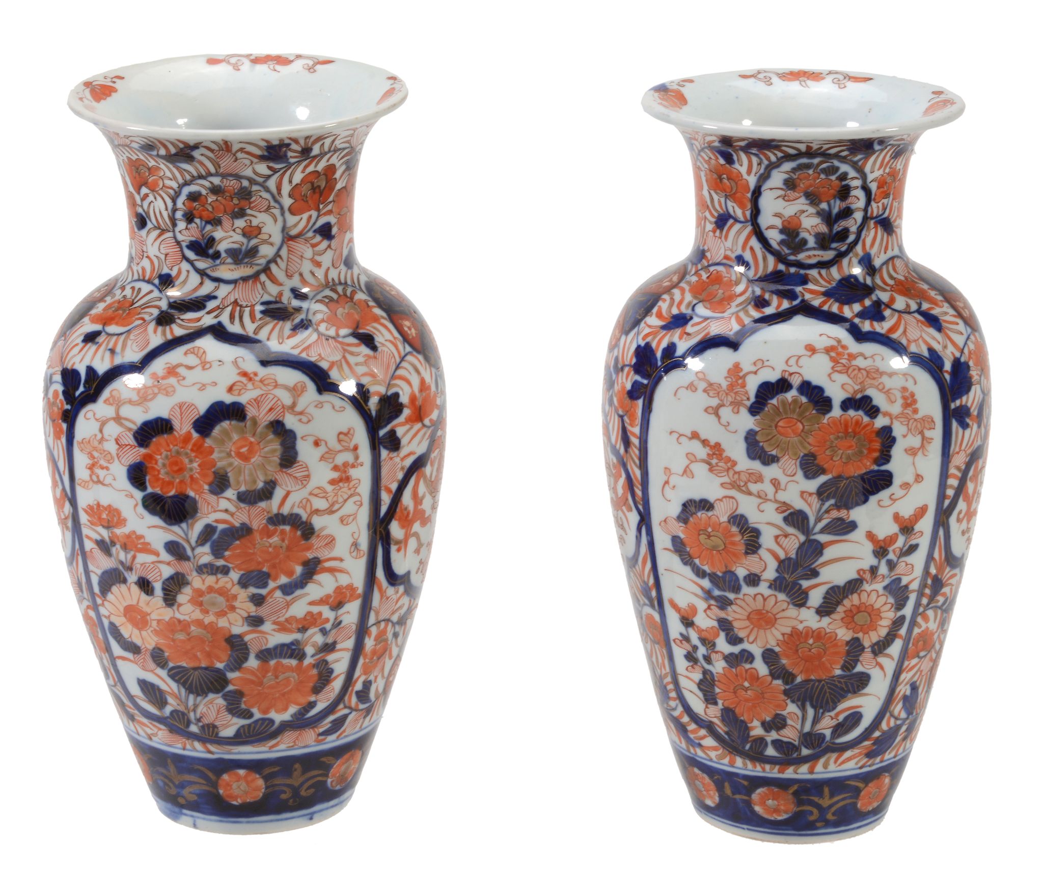 A Pair of Imari Vases, each of inverted baluster form rising to a wide neck...  A Pair of Imari