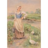 Henry John Yeend King (1855-1924) - Milkmaid on a riverside path Watercolour, hightened with white