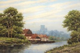 Jan Van Couver (1839-1909) - Dutch River landscape with a Cathedral beyond Oil on canvas Signed