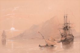 Attributed to Clarkson Stanfield (1793-1867) - Ship at harbour, mountainous coast beyond Black