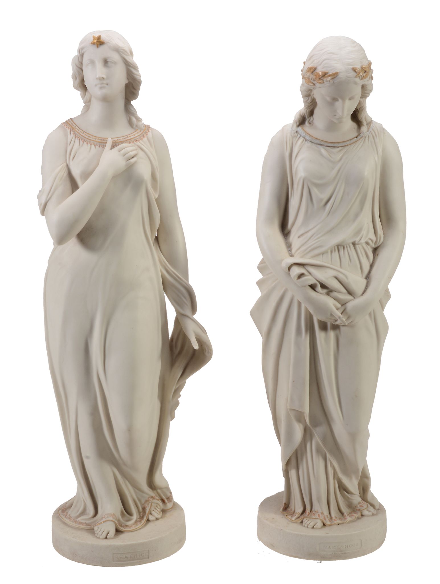 A pair of Copeland Parian figures of Beatrice and Maidenhood  A pair of Copeland Parian figures of