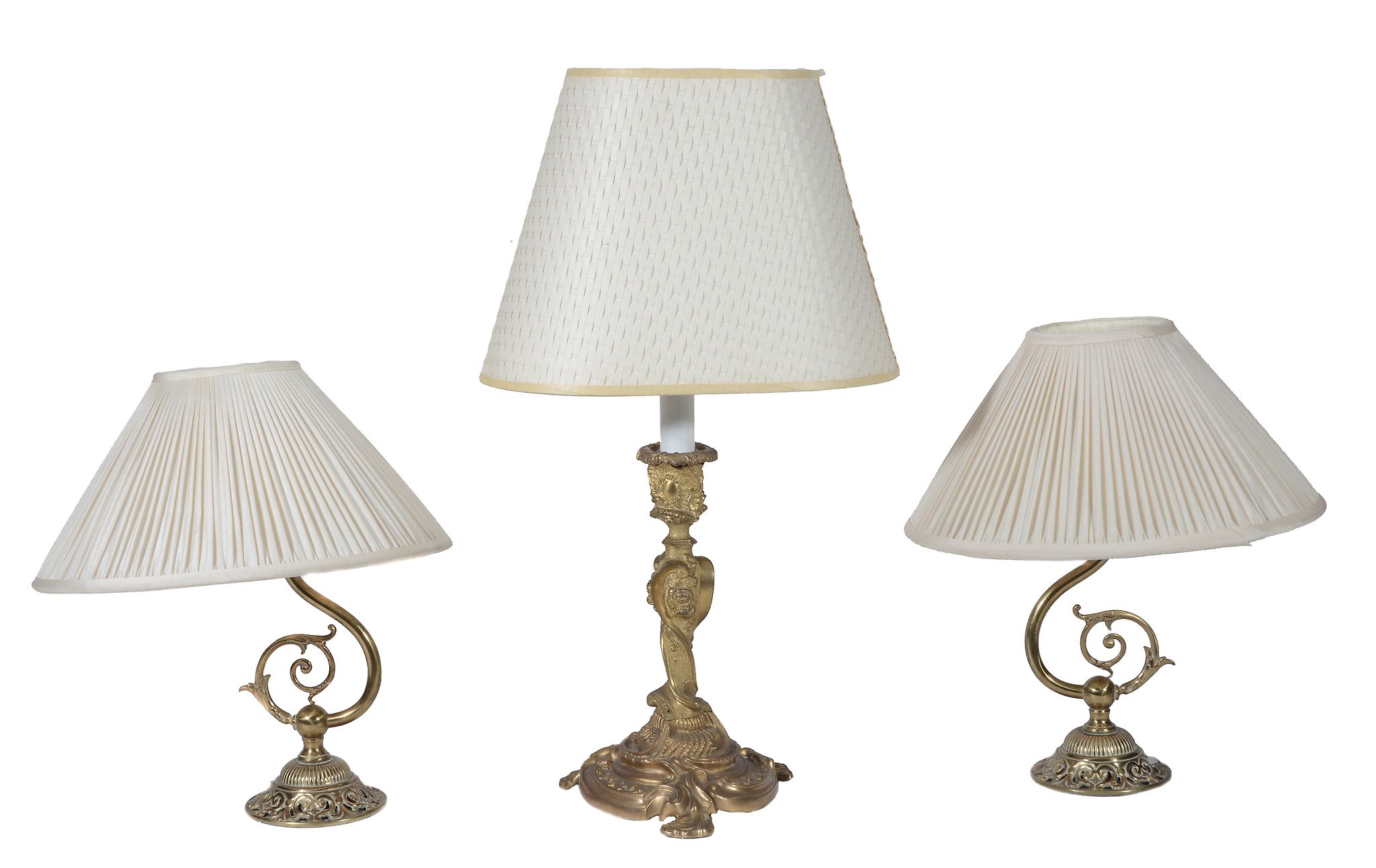 A pair of foliate cast brass table lamps, early 20th century  A pair of foliate cast brass table