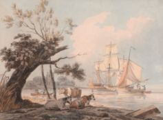 Attributed to Peter La Cave (c.1769-1806) - Sailing ships in harbour with cattle resting in