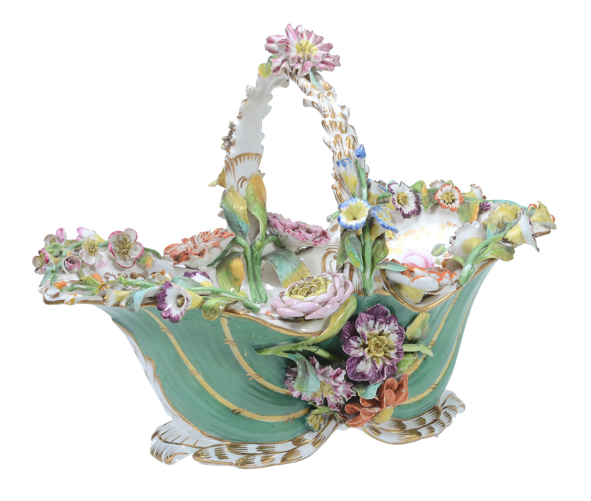 A Coalport green-ground flower-encrusted basket, circa 1830, 31cm in length  A Coalport green-ground