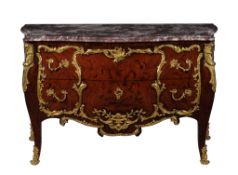 A pair of marble topped rosewood, Kingwood, and gilt metal mounted commodes  A pair of marble topped