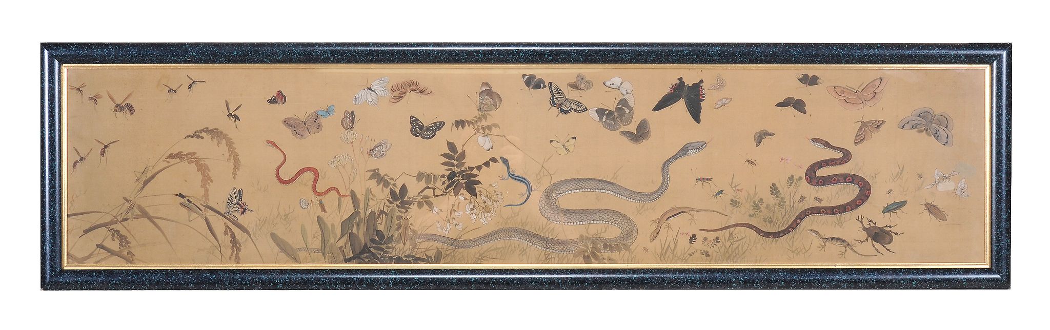 A framed painting on textile depicting reptiles and insects  A framed painting on textile