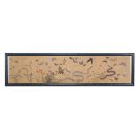 A framed painting on textile depicting reptiles and insects  A framed painting on textile